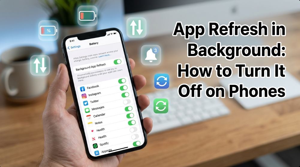 smartphone showing Background App Refresh settings with battery, data, notification icons, and title text about turning off app refresh on phones. - TechNexa Hub