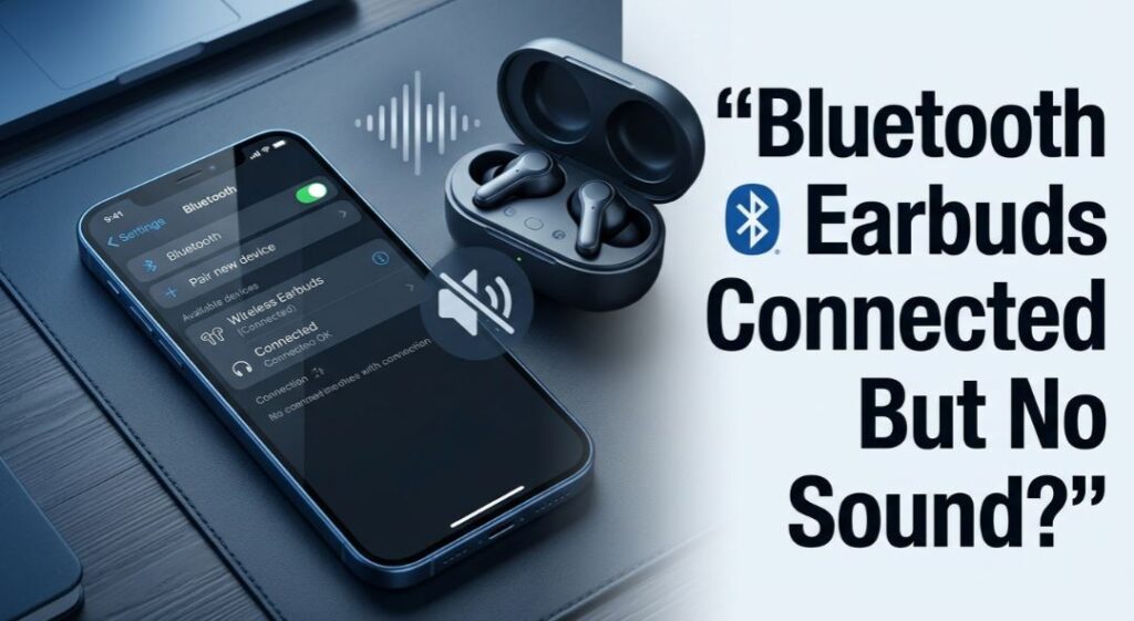 Bluetooth earbuds connected no sound issue shown with smartphone Bluetooth settings, wireless earbuds, and muted audio icon. - TechNexa Hub