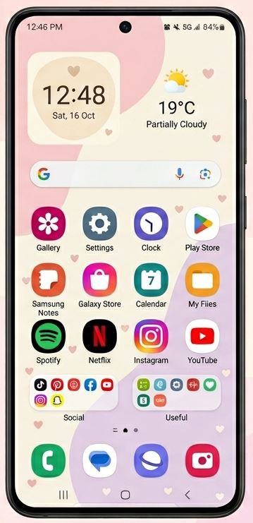 Cute Samsung Phone Layout Ideas with pastel One UI home screen, clock and weather widgets, heart wallpaper, organized apps, and folders - TechNexa Hub