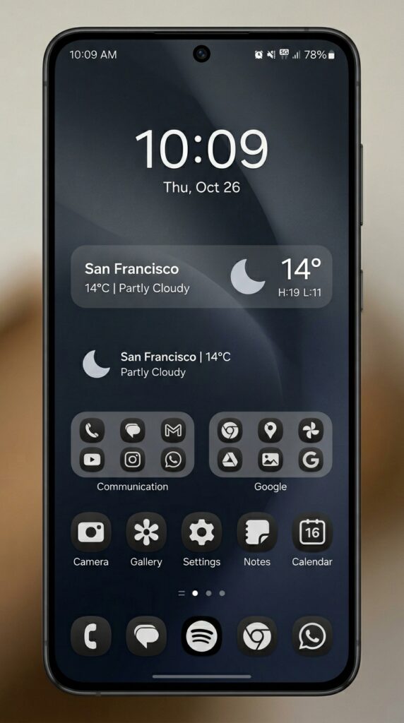 Dark Samsung Phone Layout Ideas with monochrome One UI home screen, minimal clock widget, transparent weather widget, simple folders, and clean app icons - TechNexa Hub