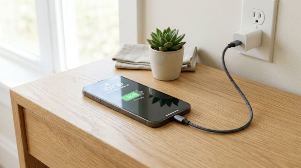 Smartphone charging to 80 percent on a wooden desk, showing safe charging habits to improve smartphone battery life