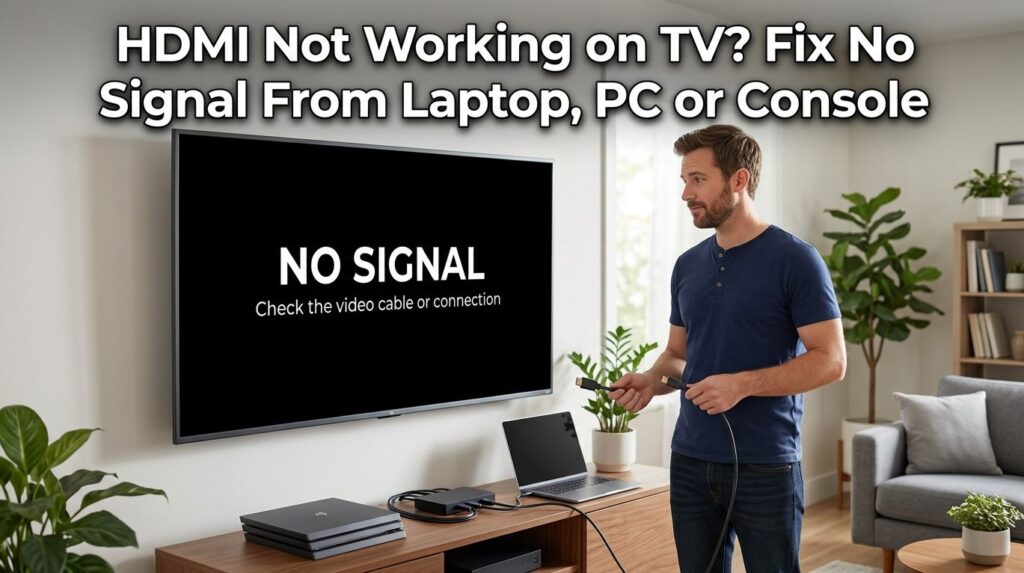 Man troubleshooting HDMI not working on TV showing no signal screen while holding HDMI cable connected to laptop or console in modern living room setup - TechNexa Hub