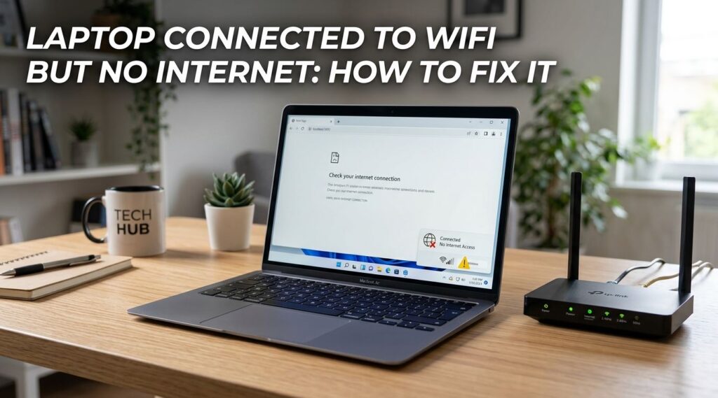 Laptop connected to WiFi but no internet showing browser error beside a router on a clean desk. - TechNexa Hub