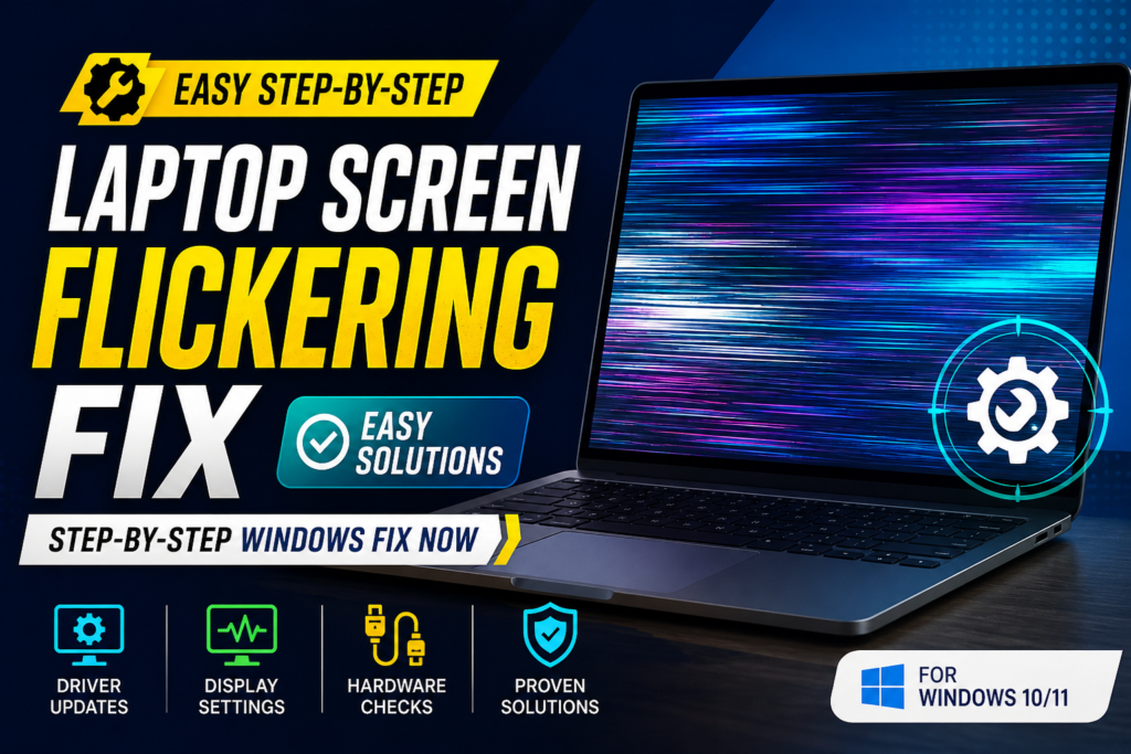Laptop screen flickering fix easy step by step Windows guide showing glitch screen problem and repair solutions. - Technexa Hub