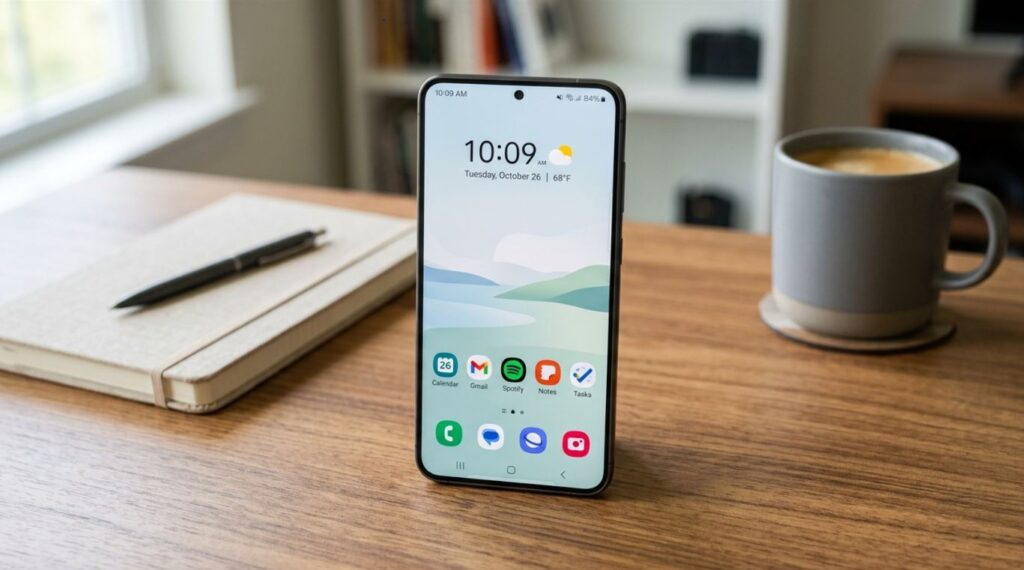 Minimalist Samsung One UI home screen with clock widget and daily apps. - TechNexa Hub