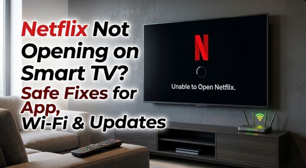 Netflix not opening on Smart TV with loading error, remote control, and Wi-Fi router showing app, internet, and software update troubleshooting fixes. - TechNexa Hub