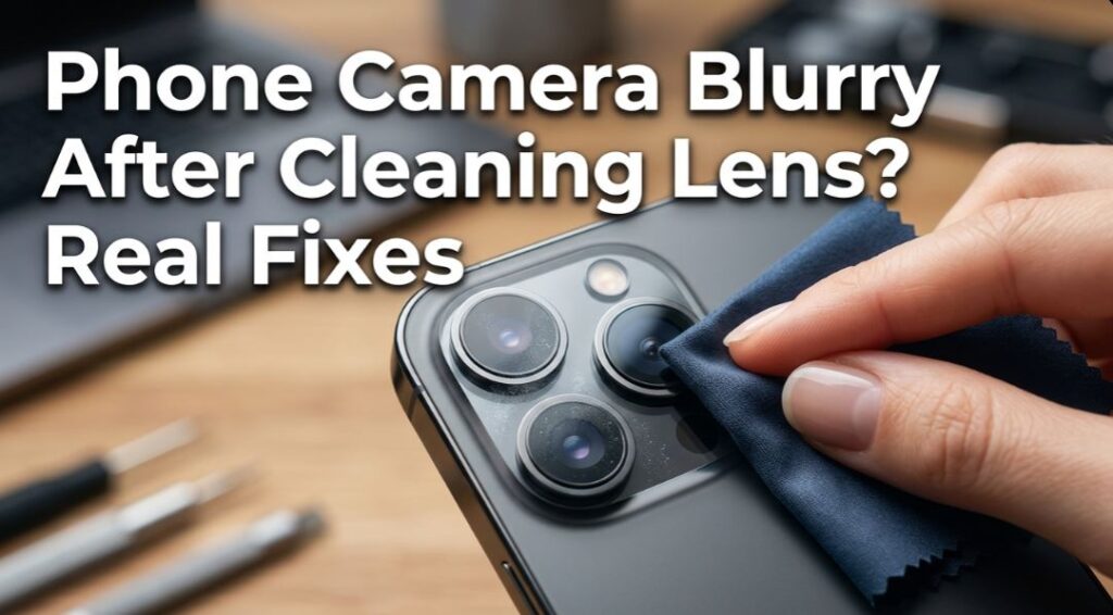 Close-up of a smartphone camera lens being cleaned with a microfiber cloth, with text reading “Phone Camera Blurry After Cleaning Lens? Real Fixes.” - TechNexa Hub