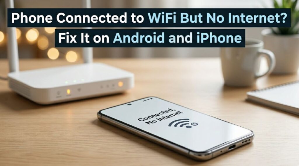Phone connected to WiFi but no internet shown on a smartphone screen with a home router in the background, explaining Android and iPhone Wi-Fi fixes. - Tech Nexa Hub