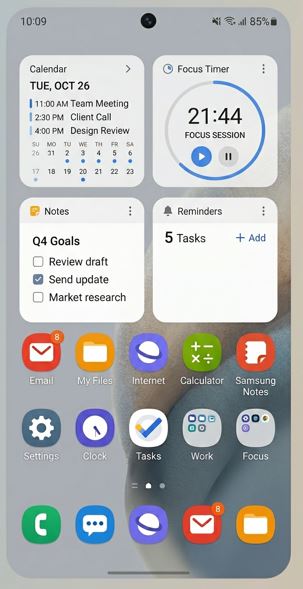 Productivity Samsung Phone Layout Ideas with One UI home screen showing calendar, notes, focus timer, email, files, browser, and organized apps. - TechNexa Hub
