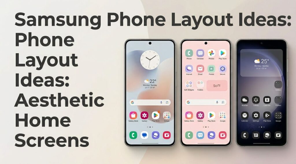 Samsung Phone Layout Ideas feature image showing three aesthetic Samsung One UI home screens with minimalist, pastel, and dark layout styles - TechNexa Hub