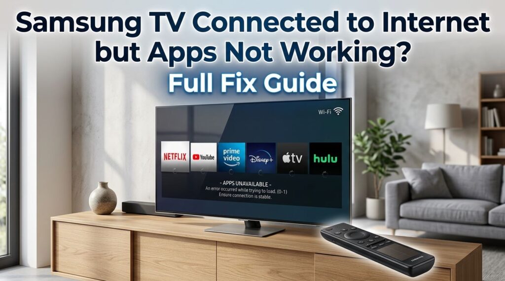 Samsung TV connected to internet but apps not working, showing Netflix, YouTube, Prime Video, Disney Plus and app loading error on a smart TV screen. - TechNexa Hub