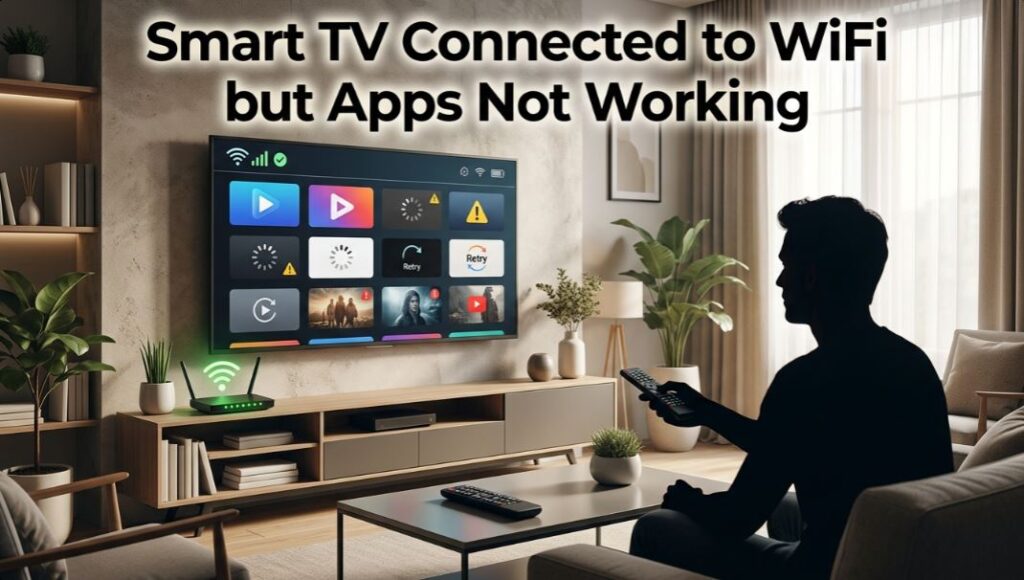 Smart TV connected to WiFi but apps not working, showing streaming app error icons, WiFi router, and user troubleshooting with remote control. - TechNexa Hub