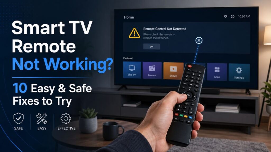 Smart TV remote not working with warning message on TV screen and remote control in hand showing easy troubleshooting fixes. - TechNexa Hub