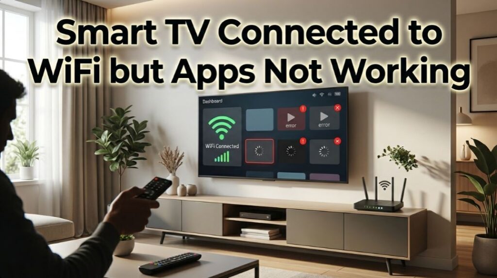 Smart TV connected to WiFi but apps not working, showing WiFi connected status with app loading errors and a user troubleshooting with remote control. - TechNexa Hub