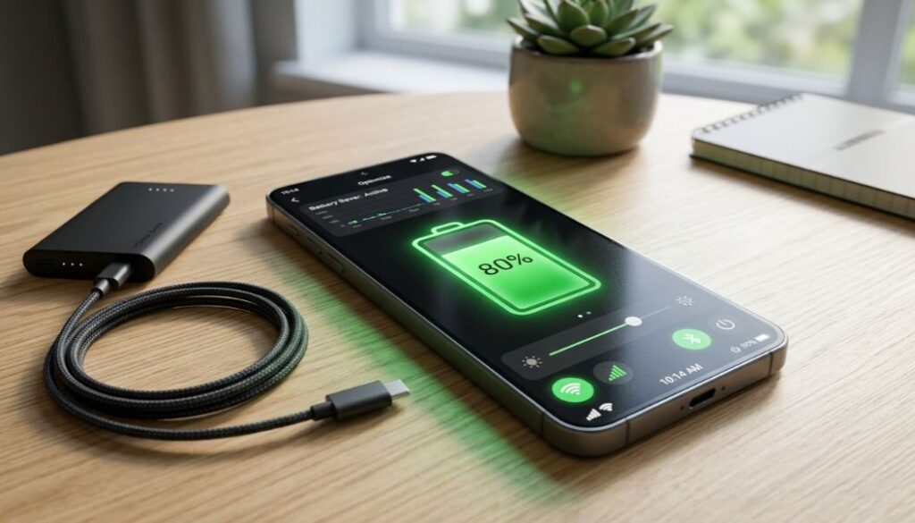 Modern smartphone showing 80% battery with charging cable and power bank on desk, illustrating how to optimize smartphone battery life. - TechNexa Hub
