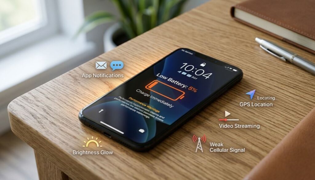 Smartphone showing low battery warning with app notifications, GPS, video streaming, and weak signal causing fast battery drain