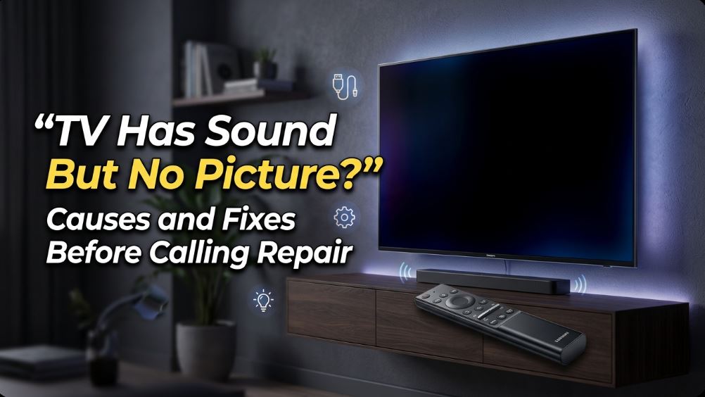 Samsung smart TV has sound but no picture issue showing black screen with audio, common causes and fixes including HDMI problems, backlight failure, and settings troubleshooting - TechNexa Hub