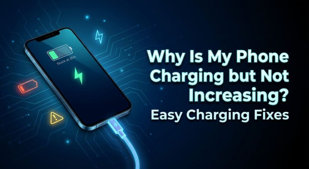 Smartphone connected to charger showing stuck battery percentage for why is my phone charging but not increasing easy charging fixes. - TechNexa Hub
