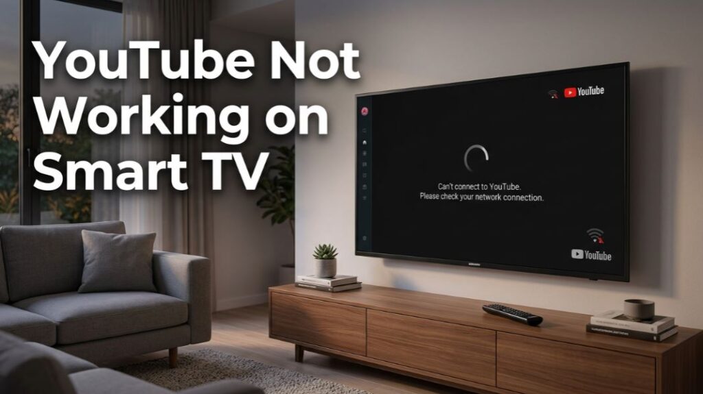 Smart TV showing YouTube not working with loading screen and WiFi connection error in a modern living room. - TechNexa Hub