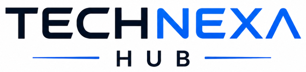 TechNexa Hub logo featuring a modern blue “TN” monogram with TechNexa Hub text and tech-focused branding