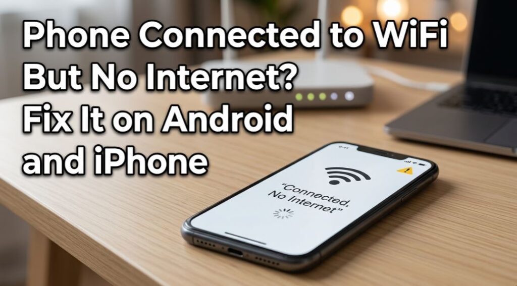 Quick fixes for phone connected to WiFi but no internet on Android and iPhone, showing a smartphone with no internet warning and Wi-Fi router. - TechNexa Hub