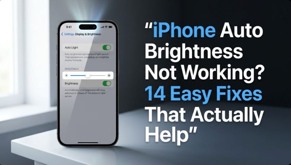 iPhone Auto Brightness Not Working 14 Easy Fixes guide showing brightness settings on an iPhone screen - TechNexa Hub