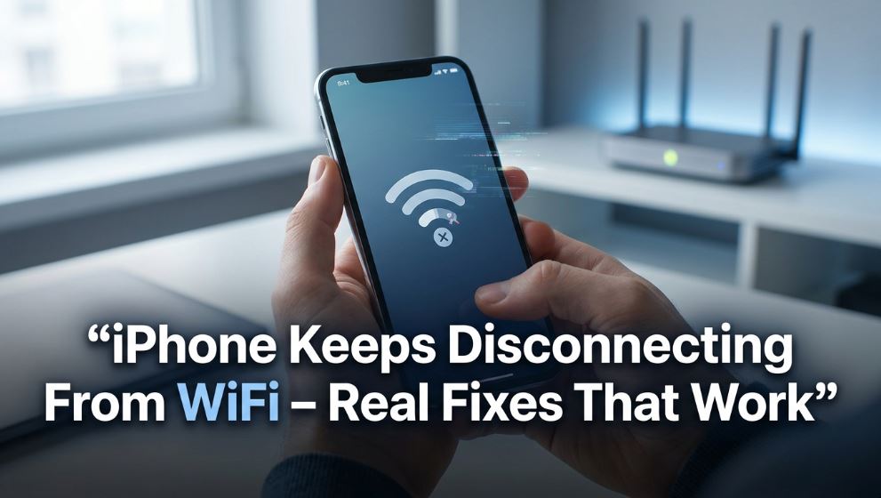 iPhone showing WiFi disconnected symbol with router in background highlighting WiFi connection problem and troubleshooting fixes - TechNexa Hub