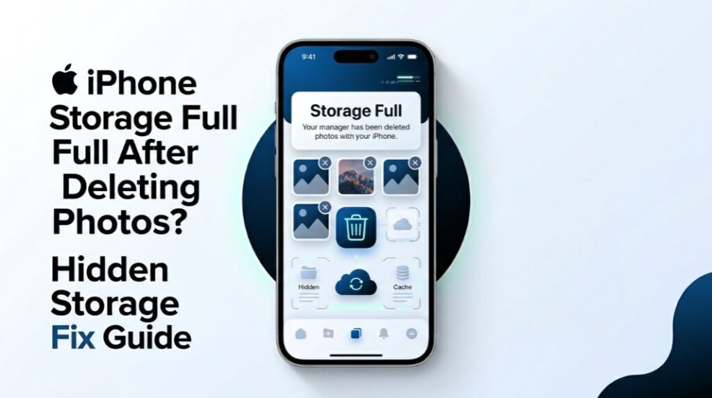 iPhone storage full after deleting photos with hidden storage fix guide showing deleted photos, cache, cloud storage, and trash cleanup icons. - TechNexa Hub