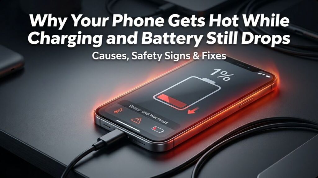 Phone hot while charging with low battery warning, showing causes, safety signs, and fixes for battery dropping during charging. - TechNexa Hub
