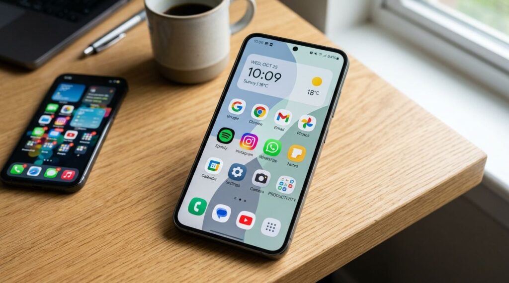 A clean Samsung-style home screen layout keeps important apps easy to reach while reducing clutter and daily distractions. Samsung Phone Layout Ideas image
