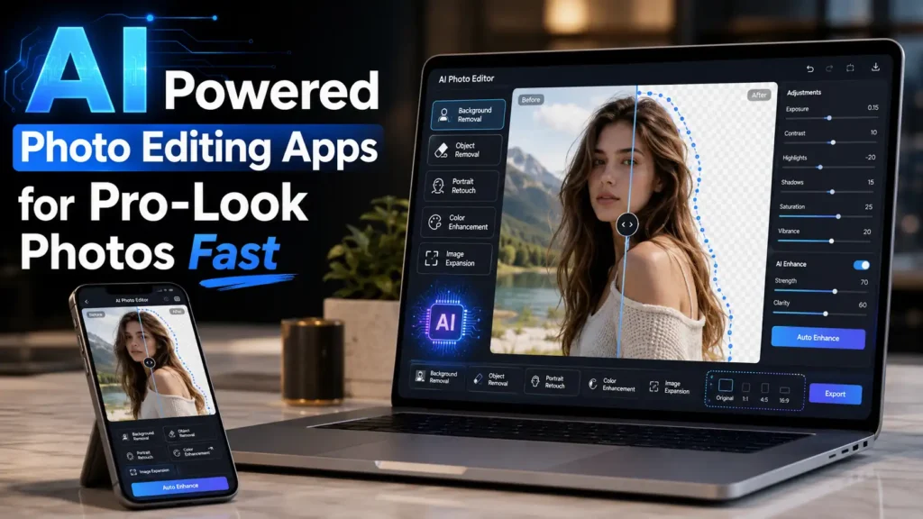 AI Powered Photo Editing Apps shown on laptop and smartphone with AI tools, background removal, portrait retouching and photo enhancement previews. - Technexa Hub