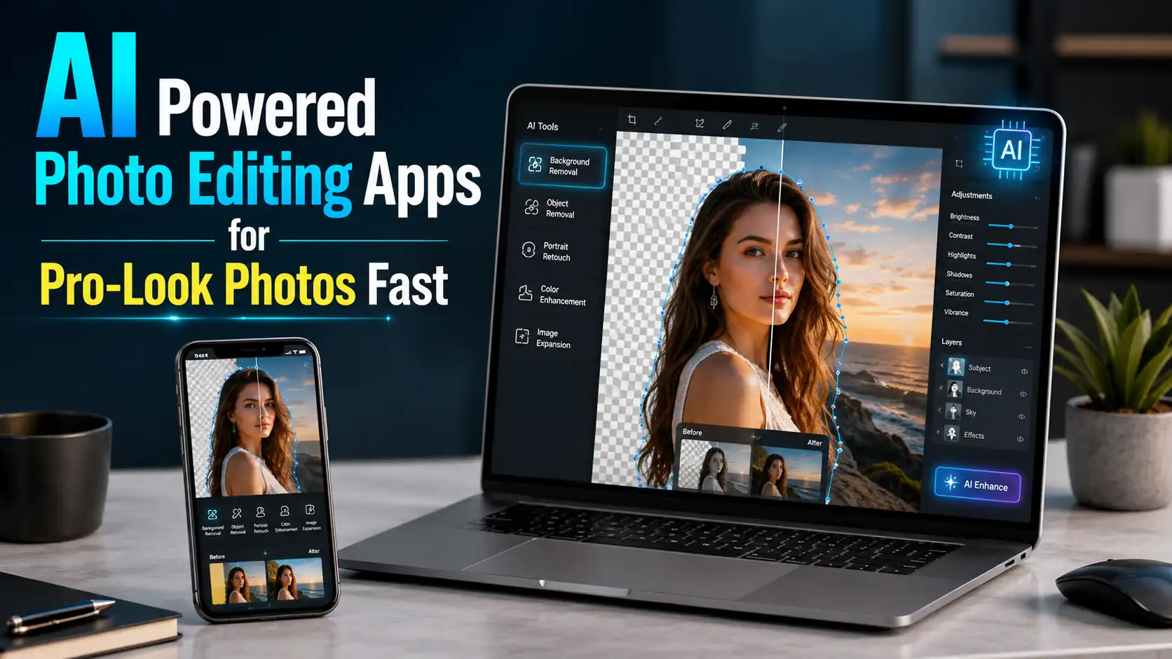 AI powered photo editing apps for pro-look photos fast, showing smart background removal, portrait retouching, sky replacement, and AI enhancement tools on laptop and mobile. Technexa Hub