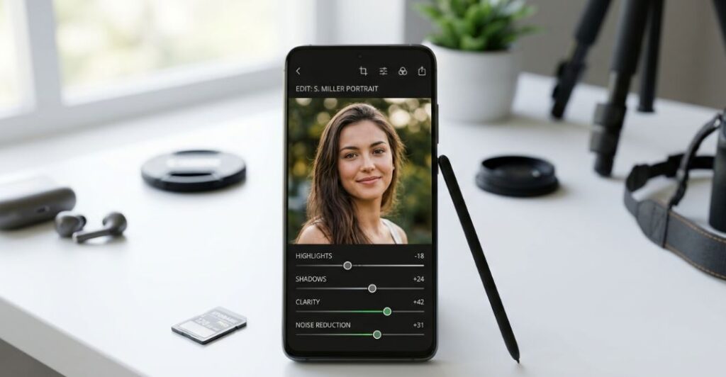 Adobe Lightroom photo editing app on smartphone showing portrait edit with highlights, shadows, clarity, and noise reduction tools for professional mobile photo editing. - TechNexa Hub