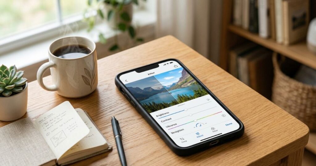 Apple Photos editing app on iPhone showing landscape photo adjustment with brightness, contrast, vibrance, straighten, crop, and filter tools. - TechNexa Hub