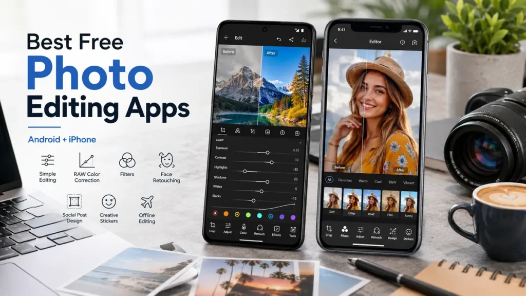 Best Free Photo Editing Apps for Android and iPhone feature image showing two smartphones with before-and-after photo edits, filters, retouching, RAW color correction, and mobile editing tools. - TechNexa Hub