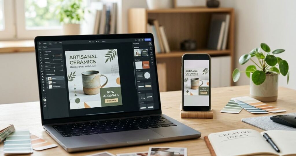 Canva photo editing app shown on laptop and smartphone creating a ceramic product social media post with templates, text, frames, colors, and design tools. - TechNexa Hub