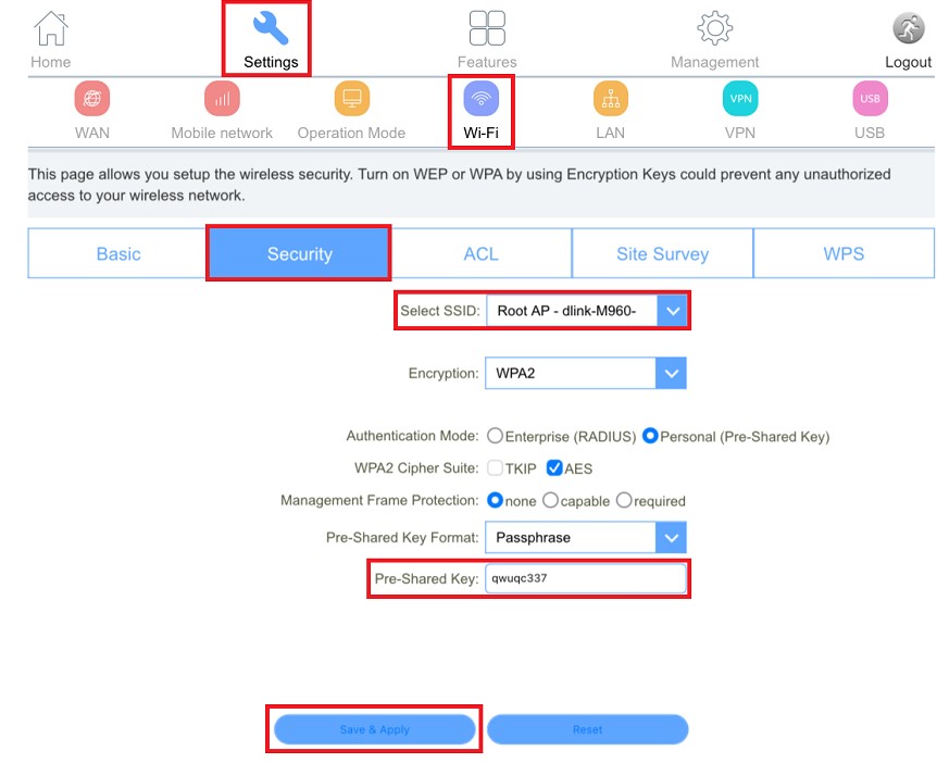 du WiFi Security settings page showing Pre-Shared Key field and Save & Apply button for changing du WiFi password. - TechNexa Hub