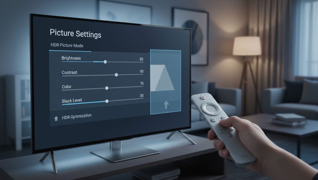 Smart TV HDR settings menu with brightness, contrast, color and black level adjustment for better picture quality - TechNexa Hub