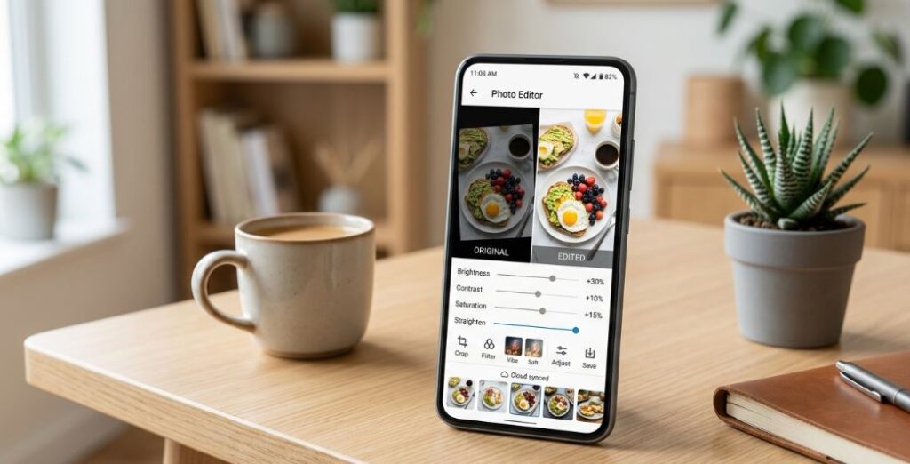 Google Photos editing app on Android phone showing food photo before and after with brightness, contrast, saturation, straighten, crop, and filter tools. - TechNexa Hub