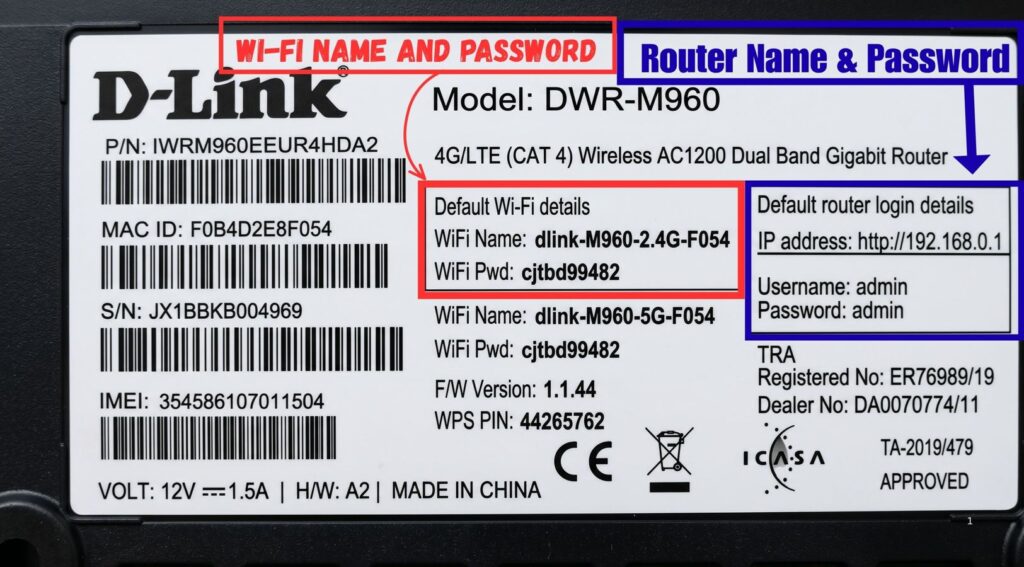 D-Link du router label showing WiFi name, WiFi password, router login IP, and admin details to change du WiFi password. - TechNexa Hub