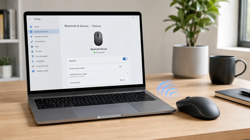How to Connect a Bluetooth Mouse on a laptop showing Bluetooth settings with a wireless mouse connected on a clean desk - TechNexa Hub