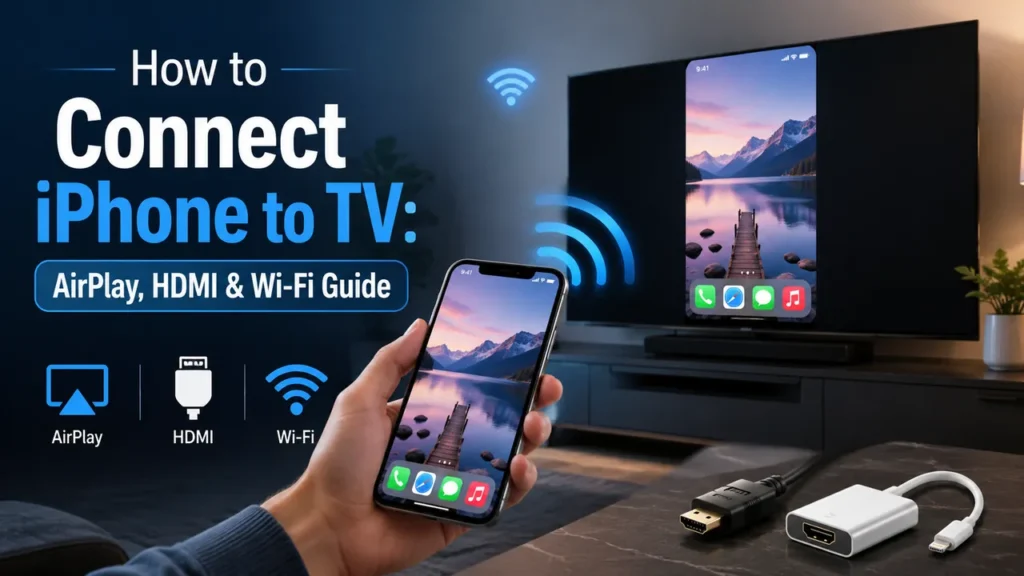 How to connect iPhone to TV using AirPlay, HDMI and Wi-Fi, showing iPhone screen mirroring to a smart TV with HDMI adapter and wireless icons - TechNexa Hub
