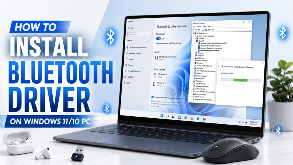 How to Install Bluetooth Driver on Windows 11/10 PC shown on a laptop with Device Manager, Bluetooth settings, mouse, earbuds, and USB adapter - TechNexa Hub