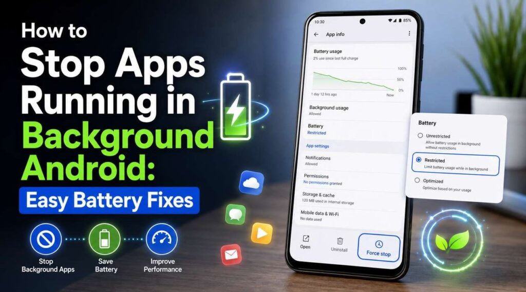 How to Stop Apps Running in Background Android with battery settings, restricted background usage, force stop option, and easy battery fixes. - TechNexa Hub