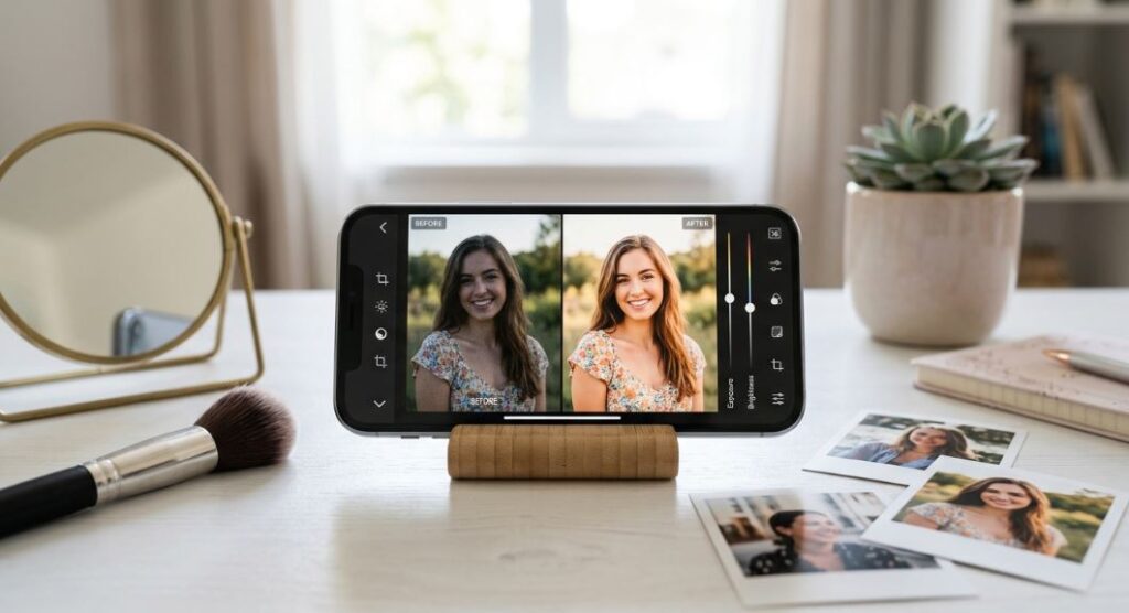 Photoshop Express photo editing app on smartphone showing before and after selfie edit with retouching, brightness, crop, filters, and face editing tools. - TechNexa Hub