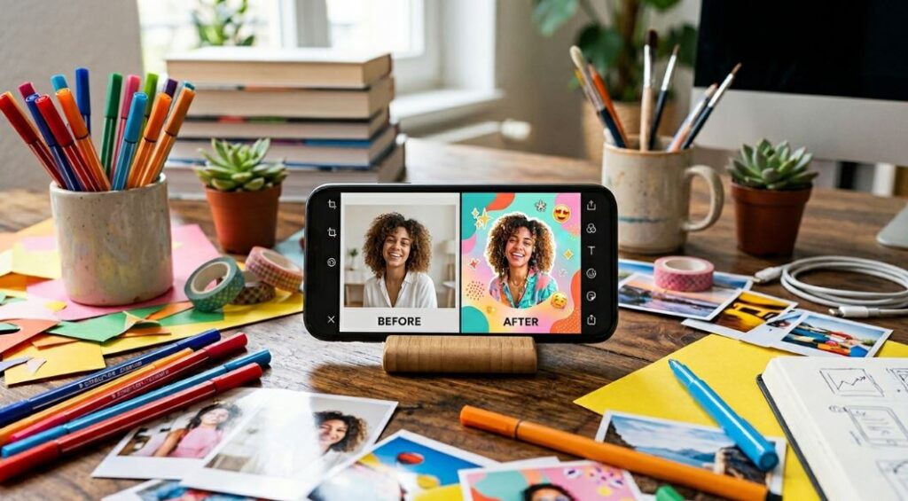 Picsart photo editing app on smartphone showing before and after creative portrait edit with stickers, colorful background, effects, and collage-style tools. - TechNexa Hub