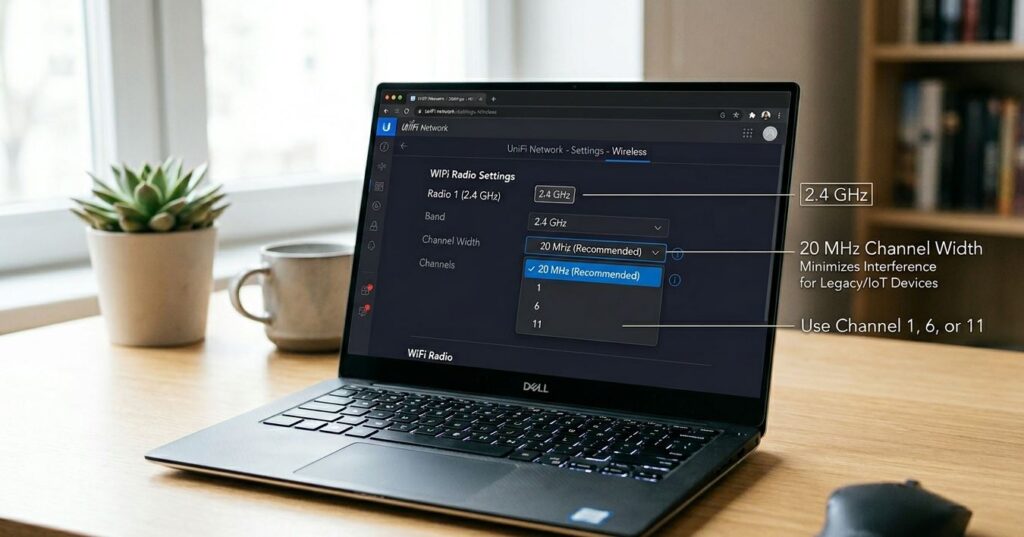 UniFi 2.4 GHz channel width set to 20 MHz with channels 1 6 and 11 for stable WiFi settings - TechNexa Hub