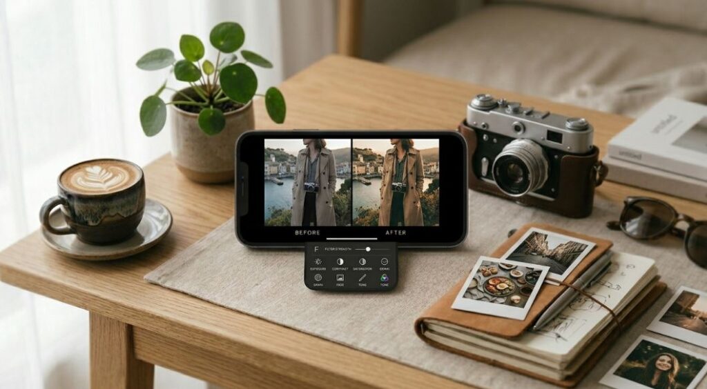 VSCO photo editing app on smartphone showing before and after travel photo edit with film-like filters, grain, fade, exposure, contrast, and saturation tools. - TechNexa Hub