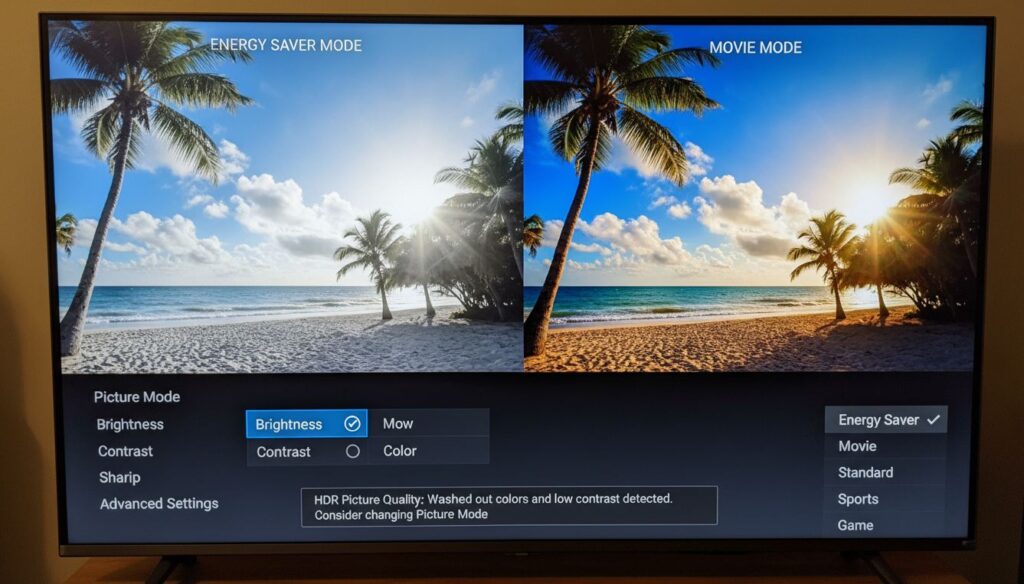 Washed out HDR TV settings showing wrong picture mode and low contrast with energy saver vs movie mode comparison - TechNexa Hub
