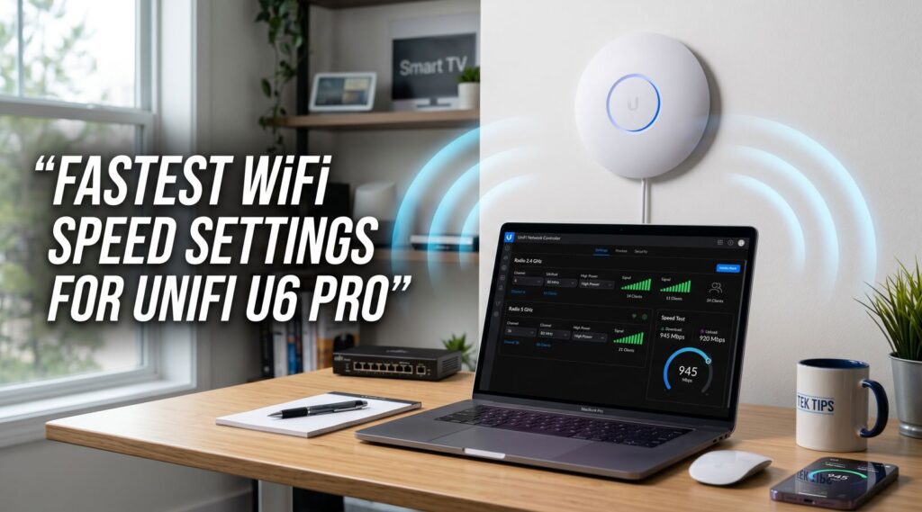 Featured image showing UniFi U6 Pro WiFi access point, laptop dashboard, and speed test for fastest WiFi speed settings and better network performance. - TechNexa Hub